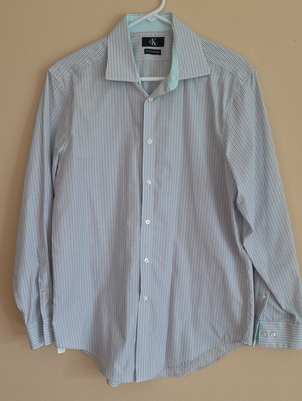Calvin Klein Men's Light Blue and White Pinstripe Dress Shirt